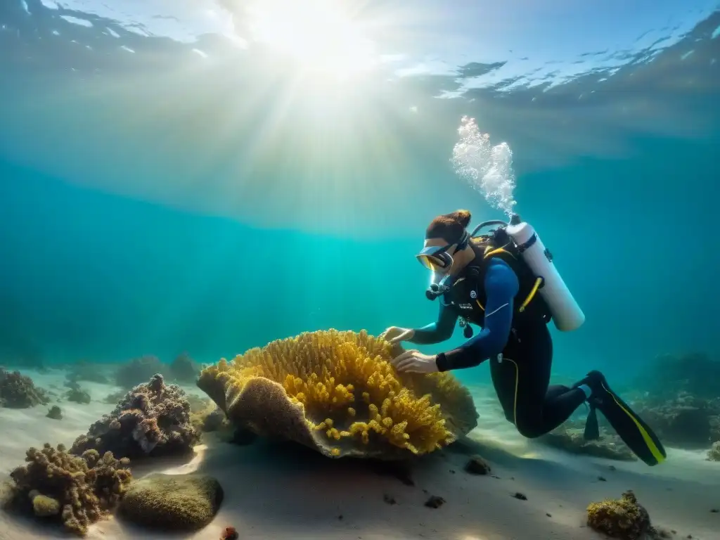 Equipo de buzos preservando artefactos indígenas sumergidos con delicadeza bajo el sol dorado en aguas cristalinas