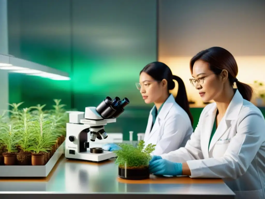 Equipo científico estudia plantas medicinales indígenas con detalle y precisión en laboratorio iluminado