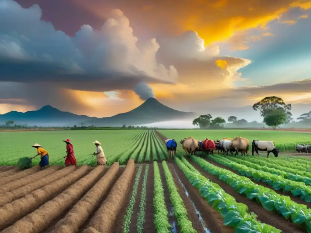 Escena de agricultura indígena sostenible en las Américas con agricultores tradicionales trabajando en armonía con la naturaleza al atardecer