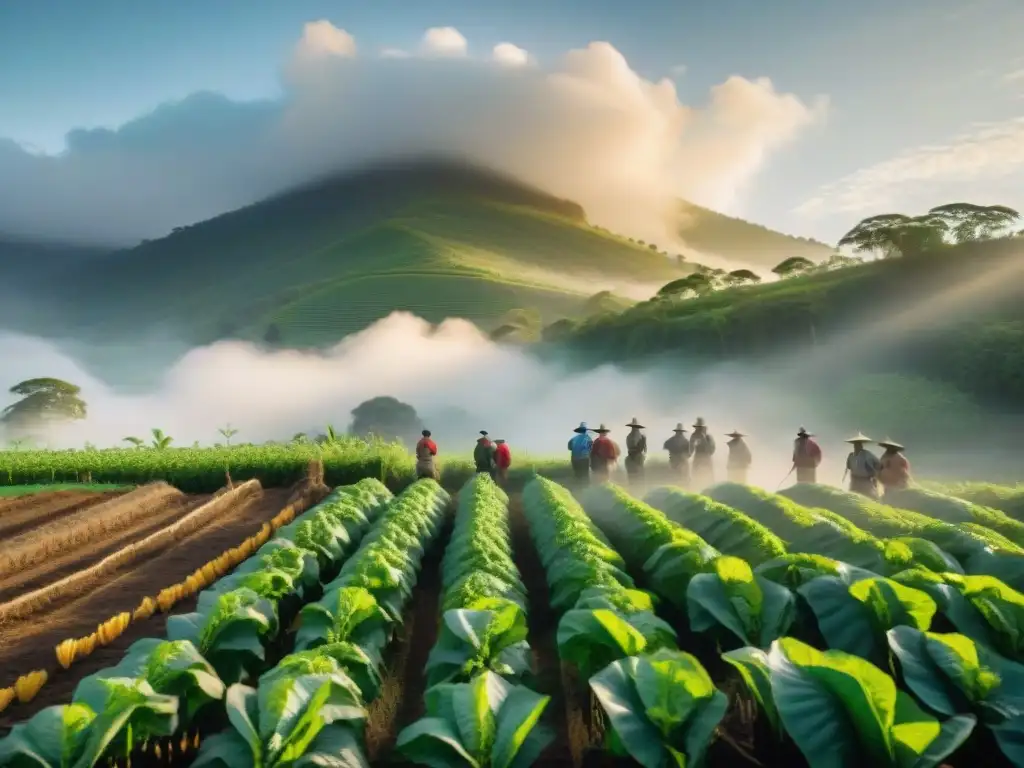 Una escena de agricultura tradicional indígena sostenible, con agricultores cultivando la tierra ancestralmente en armonía con la naturaleza