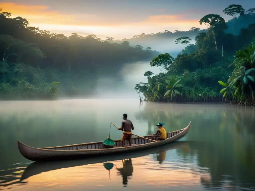 Escena amazónica: comunidad indígena pesca al amanecer en armonía con la naturaleza