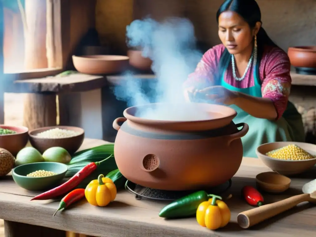 Escena ancestral: cocina indígena con olla de barro al fuego y mujeres preparando ingredientes