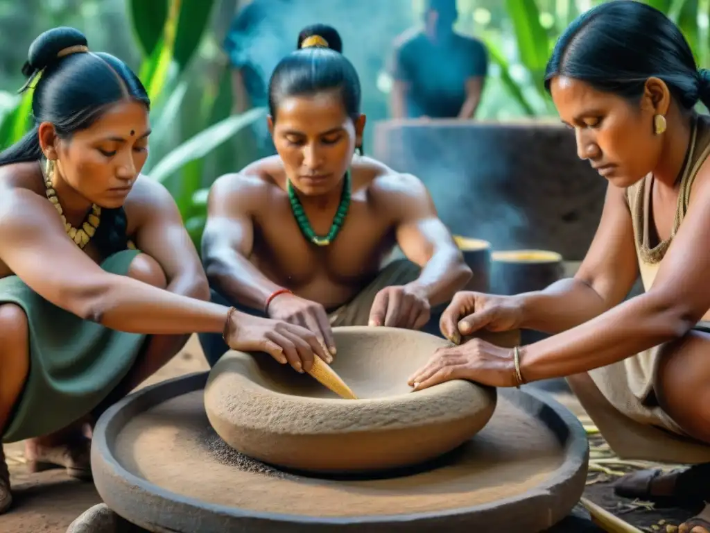 Escena ancestral: comunidad indígena preparando pinole con energía y tradición en un entorno verde