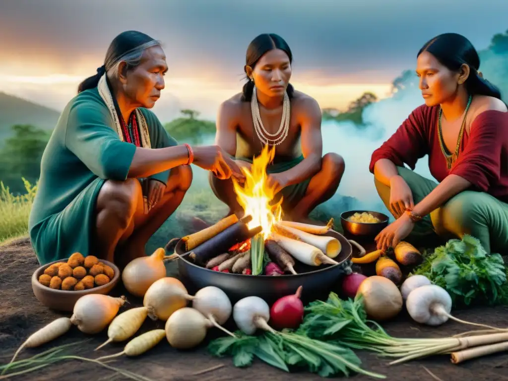 Escena ancestral: Pueblos indígenas comparten nutrición ancestral en comunidad alrededor del fuego