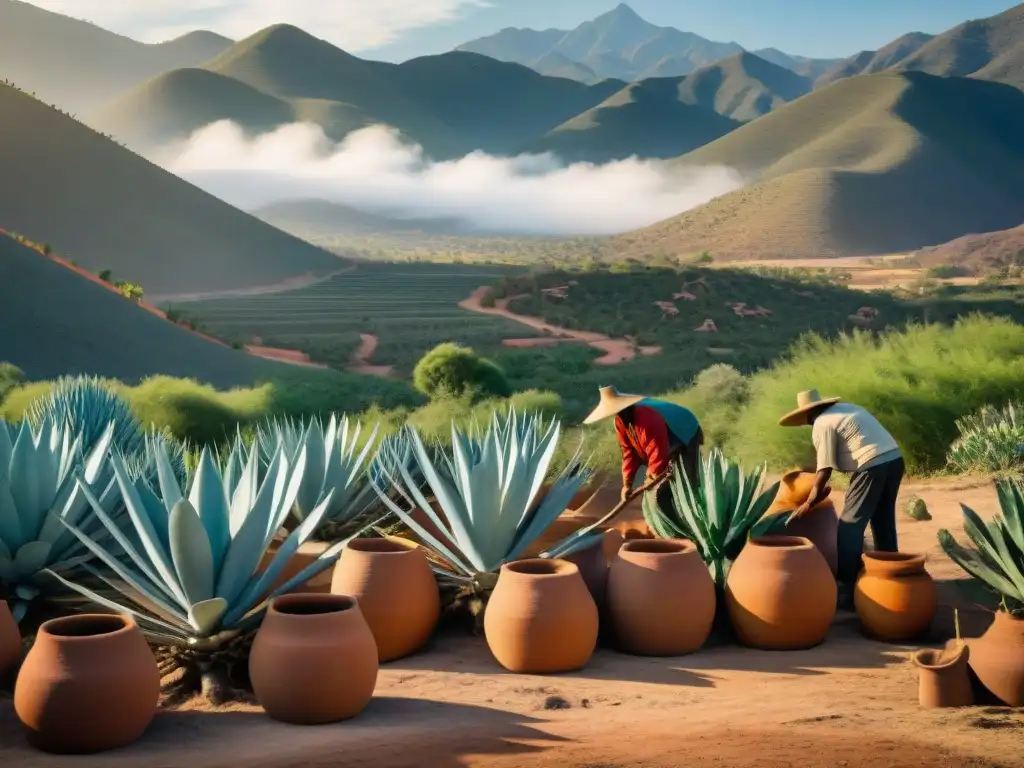 Escena ancestral de producción de pulque en un remoto pueblo mexicano