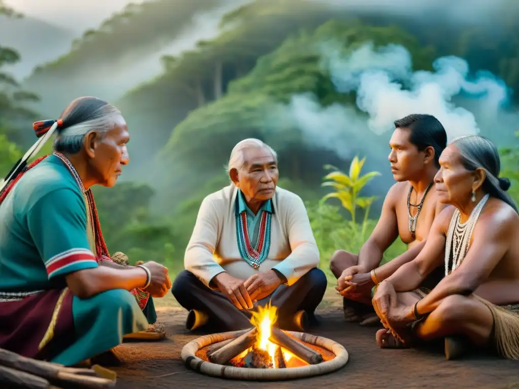 Una escena con ancianos indígenas alrededor del fuego, en plena sesión de relatos, en un entorno de bosque