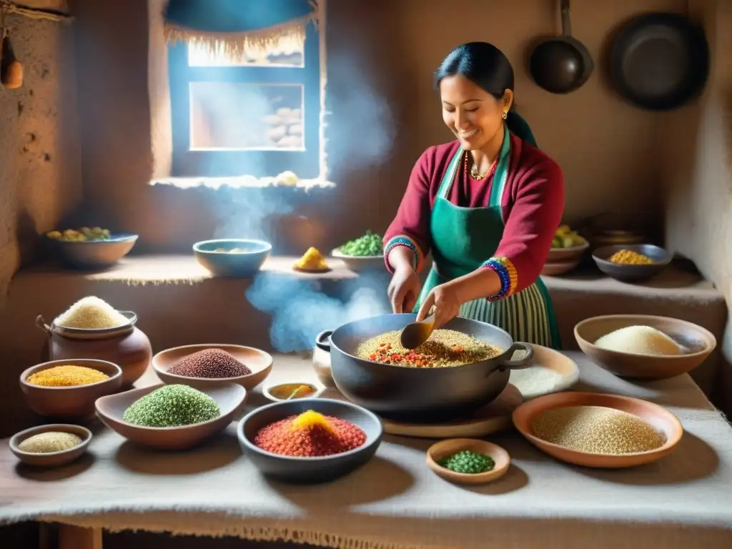 Una escena andina tradicional con platos de quinua coloridos y mujeres preparando alimentos