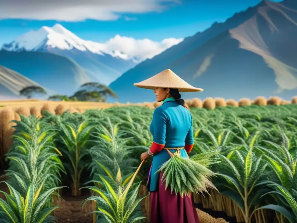 Una escena andina vibrante muestra campos de quinua y agricultores indígenas en tradicional vestimenta