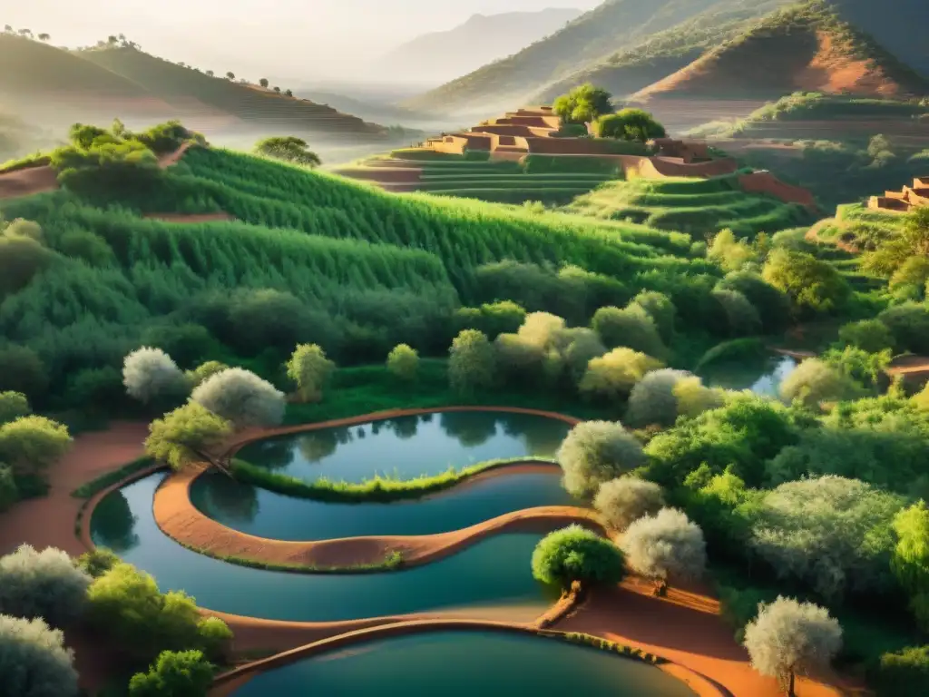 Una escena armoniosa de canales de arcilla serpenteando por un pueblo indígena, resaltando la conservación del agua en arquitectura