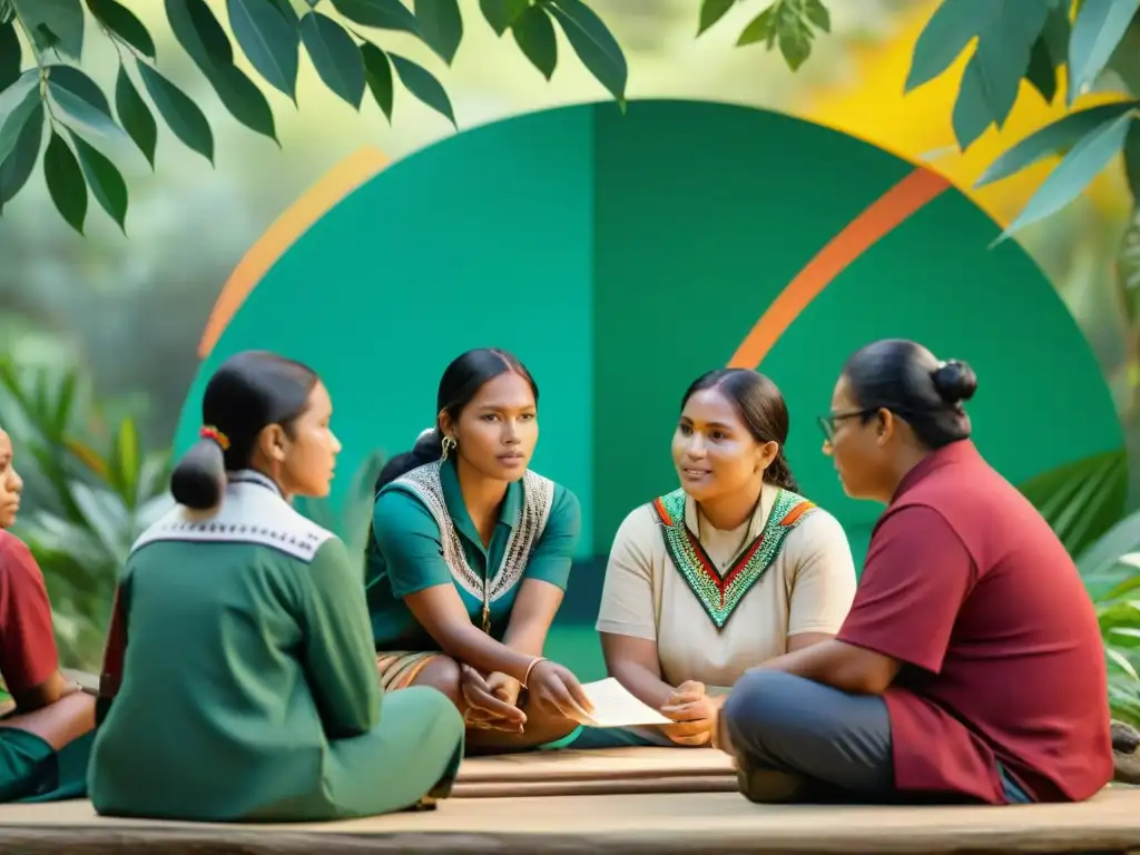 Una escena armoniosa de colaboración educativa entre escuelas indígenas, con estudiantes y maestros inmersos en un entorno natural y cultural vibrante