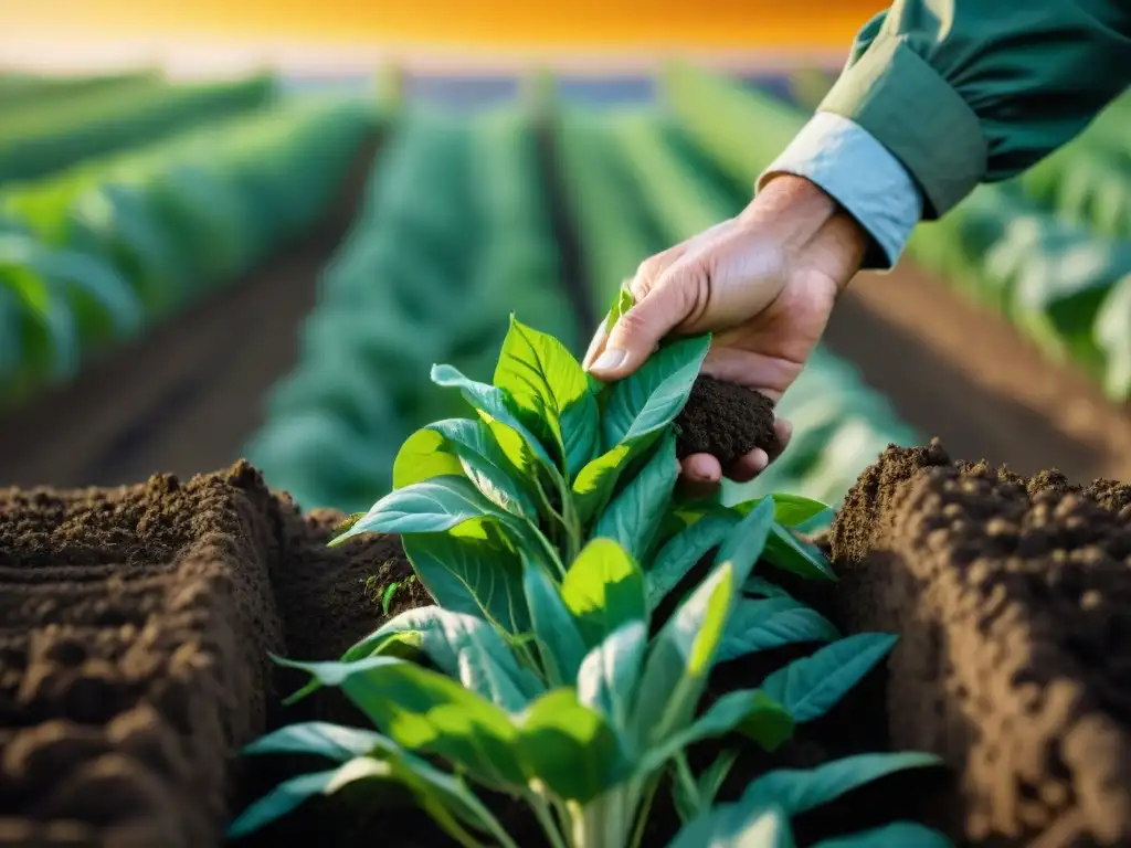 Una escena armoniosa de agricultura sostenible con biofertilizantes y conocimiento ancestral aplicado por agricultores de diferentes generaciones