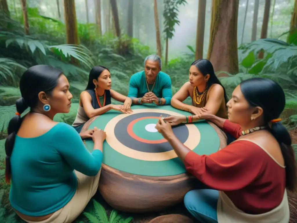 Una escena de arte terapia con enfoque indígena: ancianos y jóvenes crean arte tradicional en un bosque exuberante