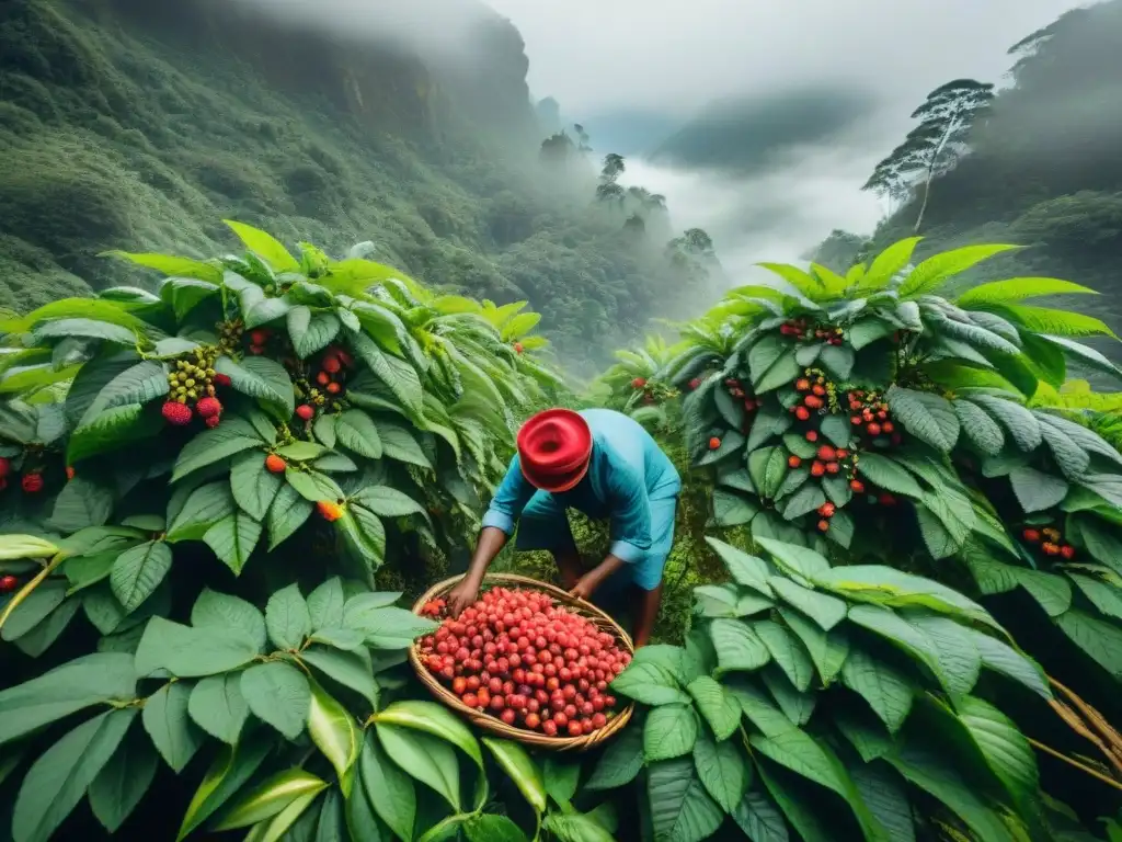 Escena cautivadora de indígenas cosechando bayas en la selva