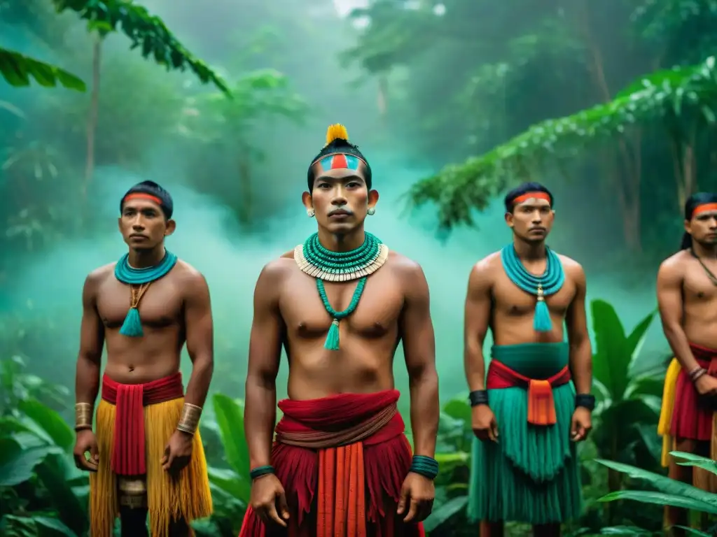 Una escena de Ceremonias de iniciación en culturas indígenas: jóvenes mayas preparándose en la selva mistica