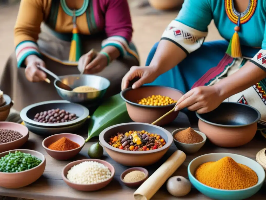 Escena de cocina indígena en las Américas: mujeres preparan platillos coloridos con métodos ancestrales