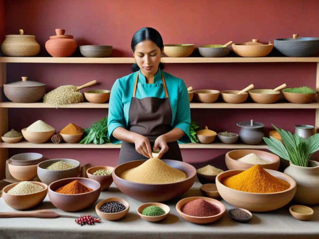 Escena de cocina tradicional indígena americana con chef preparando ingredientes nativos