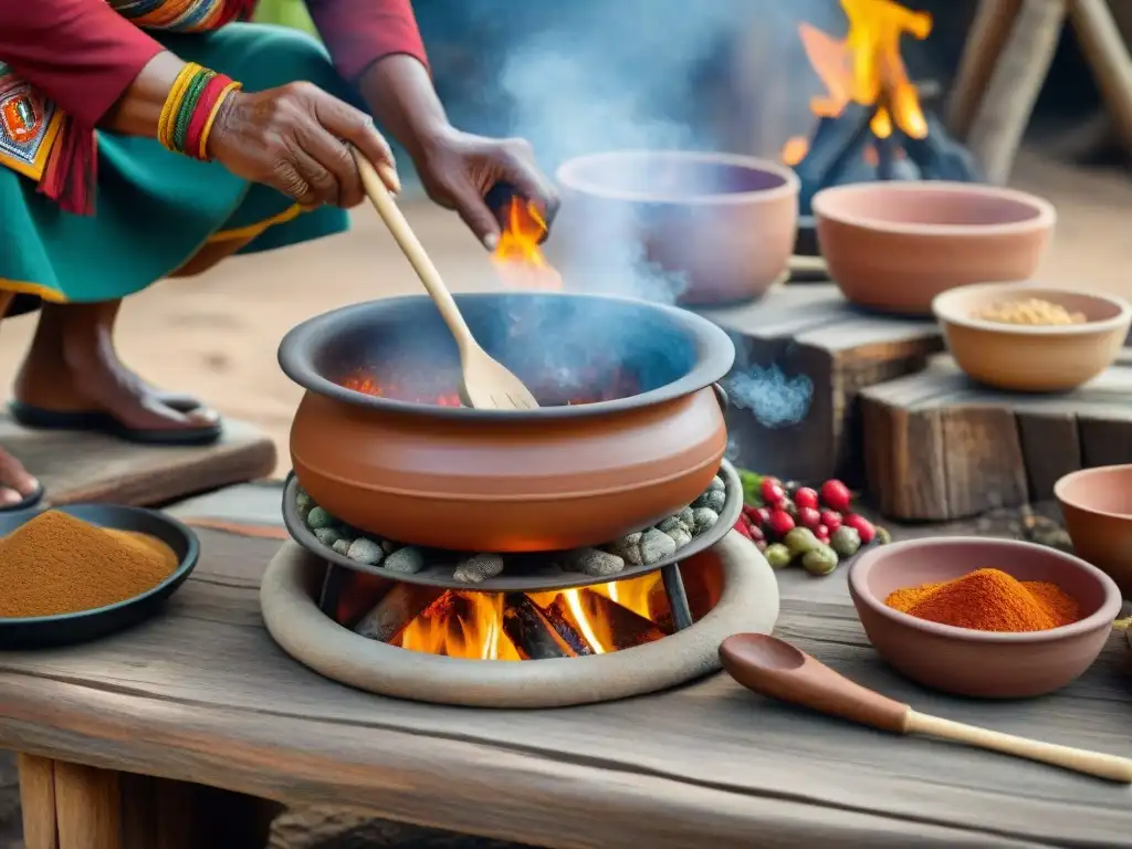 Una escena de cocina tradicional indígena con coloridas ollas de barro sobre fuego, mujer preparando ingredientes y utensilios de madera