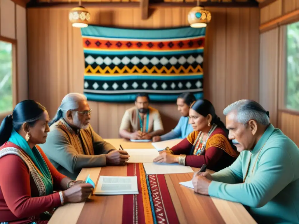 Una escena de colaboración entre miembros de una comunidad indígena, combinando tradiciones con tecnología