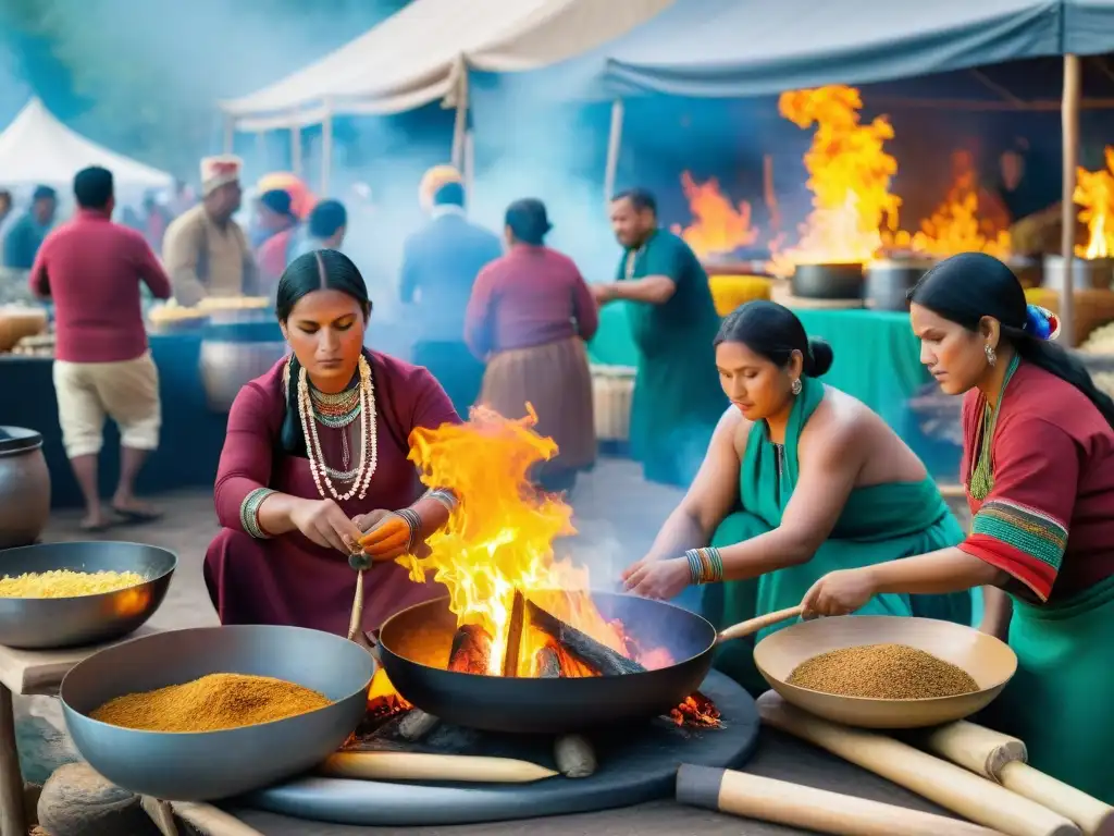 Escena colorida en festival indígena, preparando platillos tradicionales sobre fuego abierto