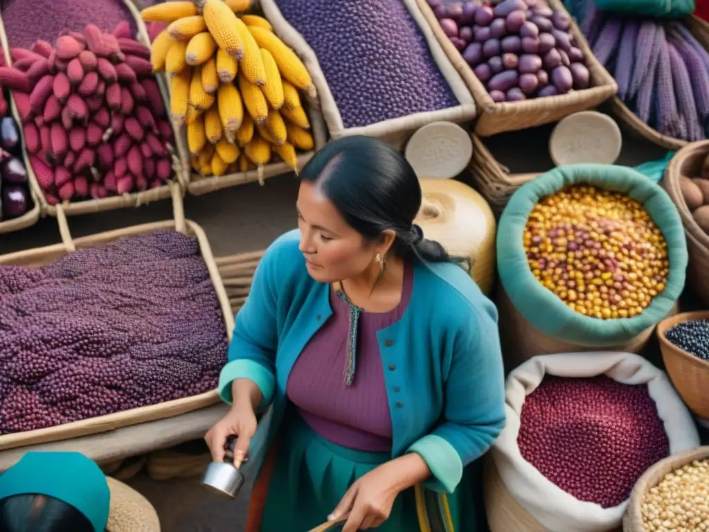 Escena colorida de mercado andino con ingredientes para la bebida tradicional andina Api Morado