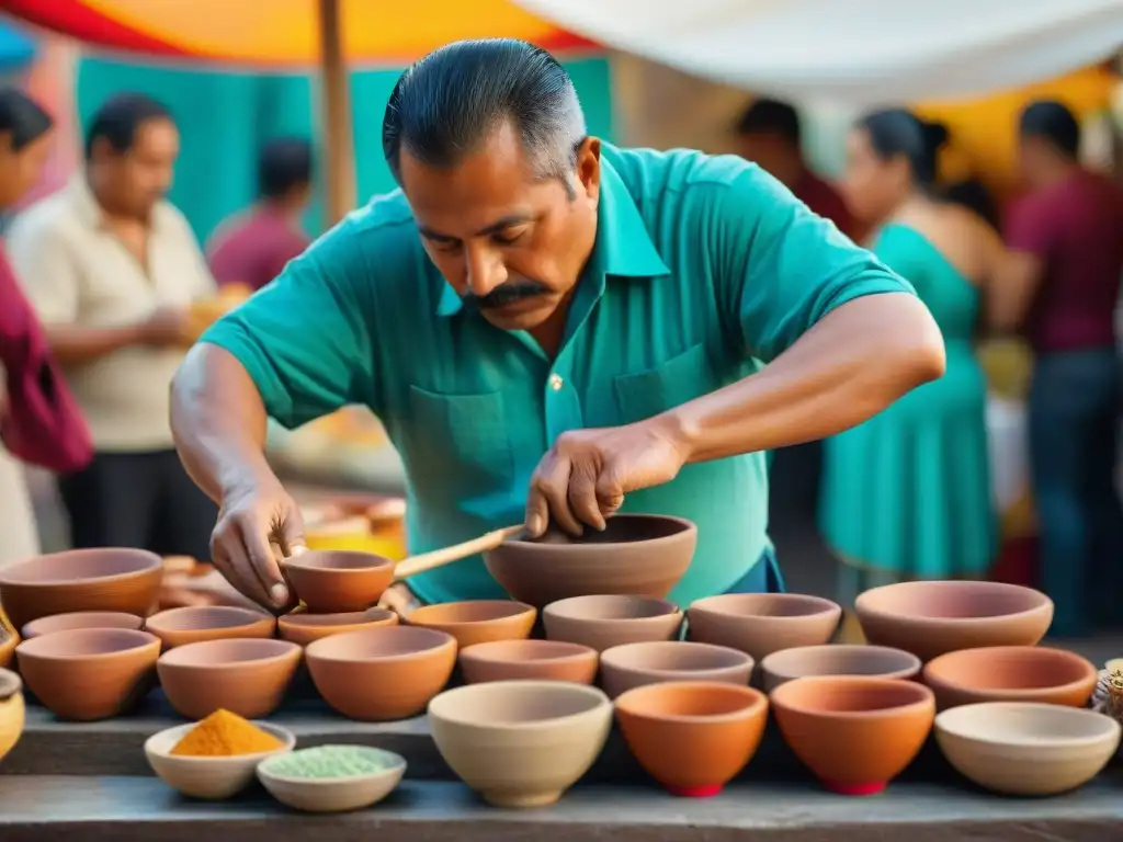 Escena colorida en mercado mexicano con vendedor preparando Tejuino, resaltando la importancia cultural del Tejuino