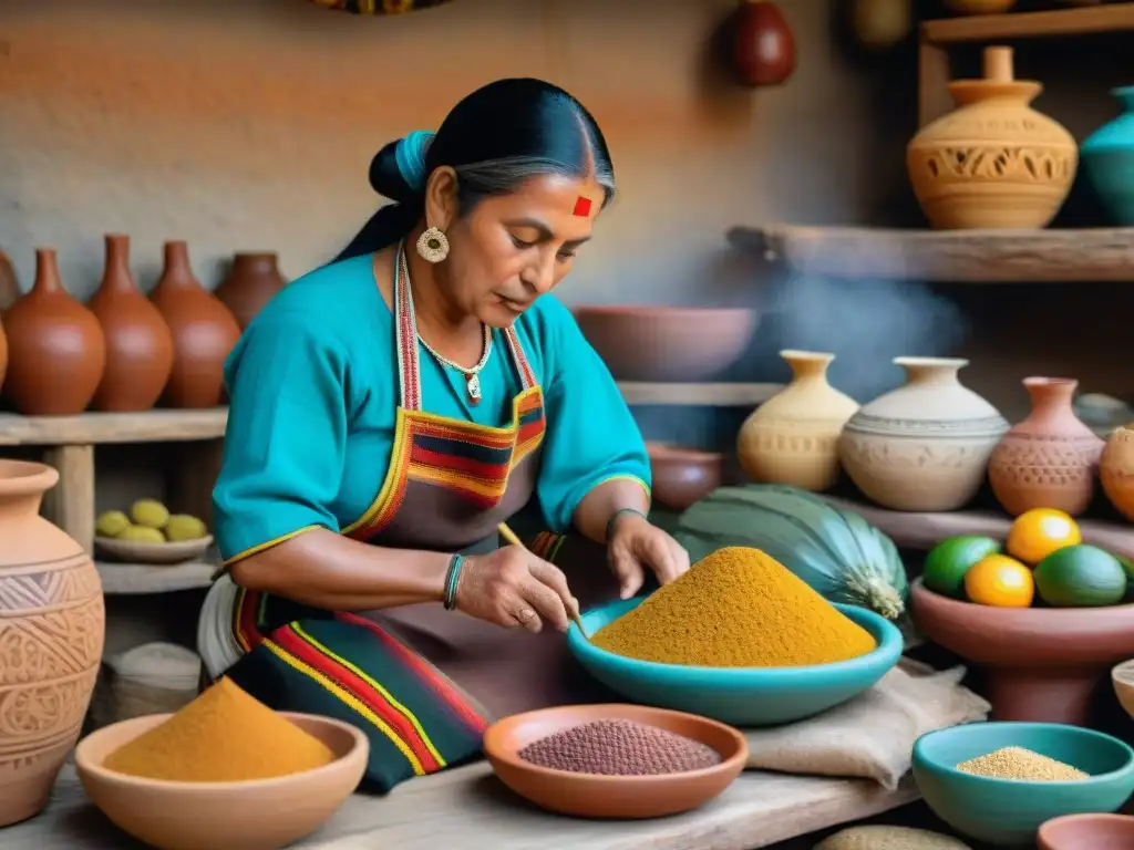 Escena colorida en un mercado precolombino con alimentos fundamentales de culturas precolombinas