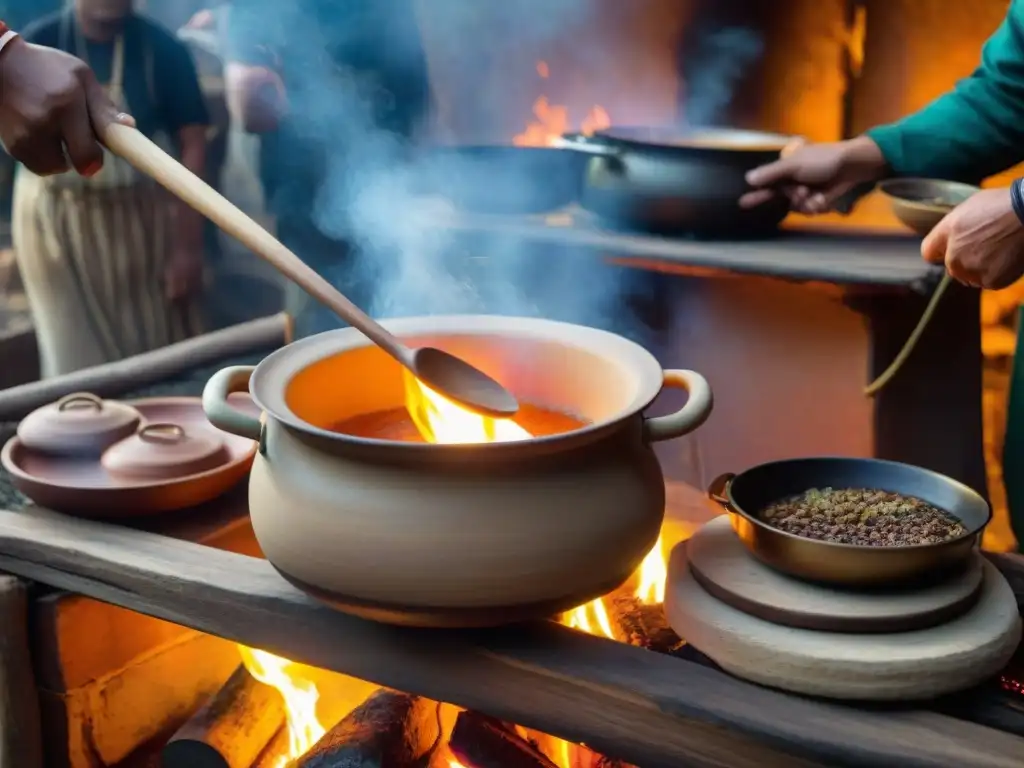 Una escena conmovedora de cocina indígena, donde un chef atento cocina a fuego lento en un entorno rústico