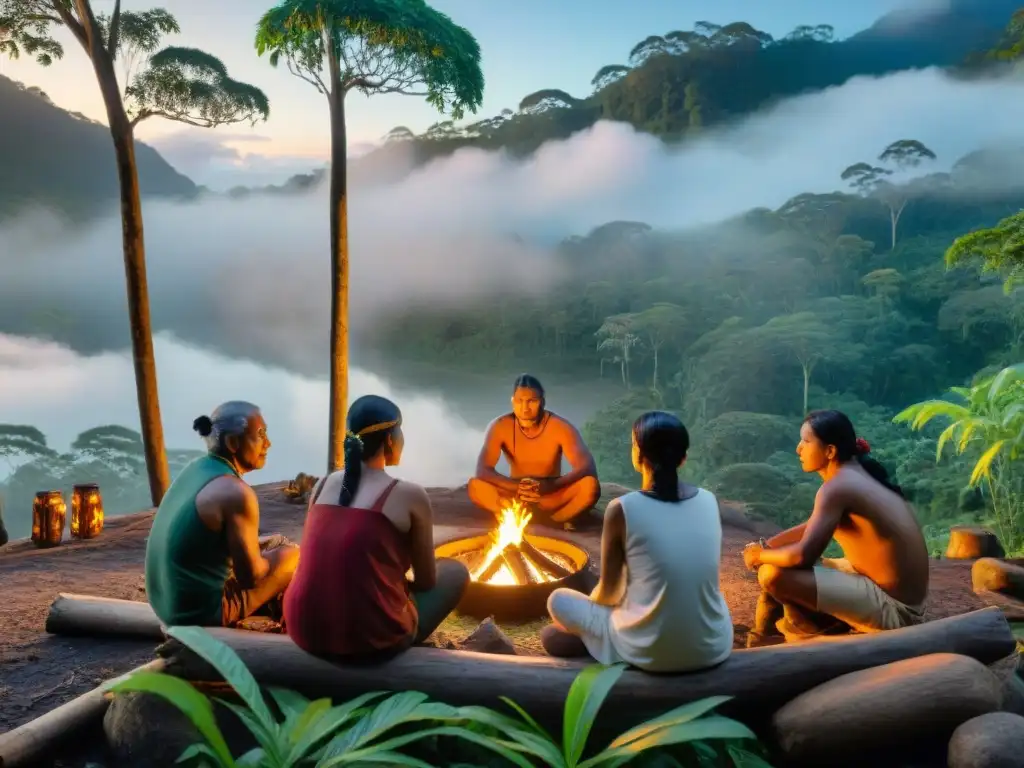 Una escena conmovedora de comunidad indígena en la selva, resguardando sus tradiciones