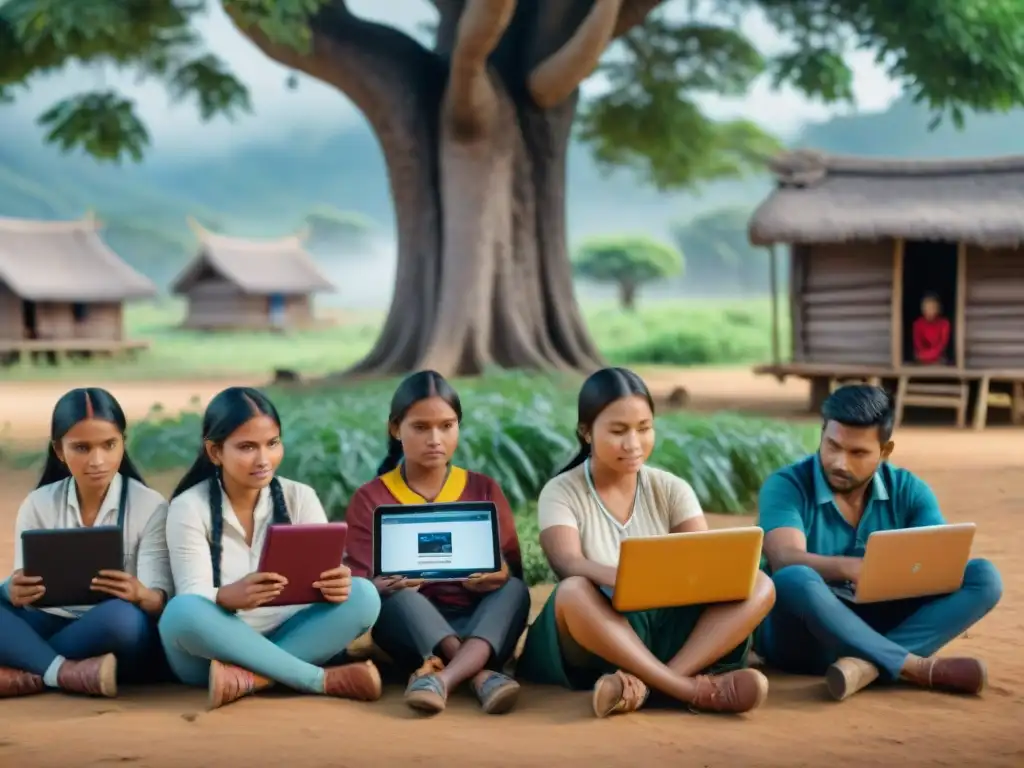 Una escena conmovedora de educación a distancia en comunidades indígenas bajo un árbol