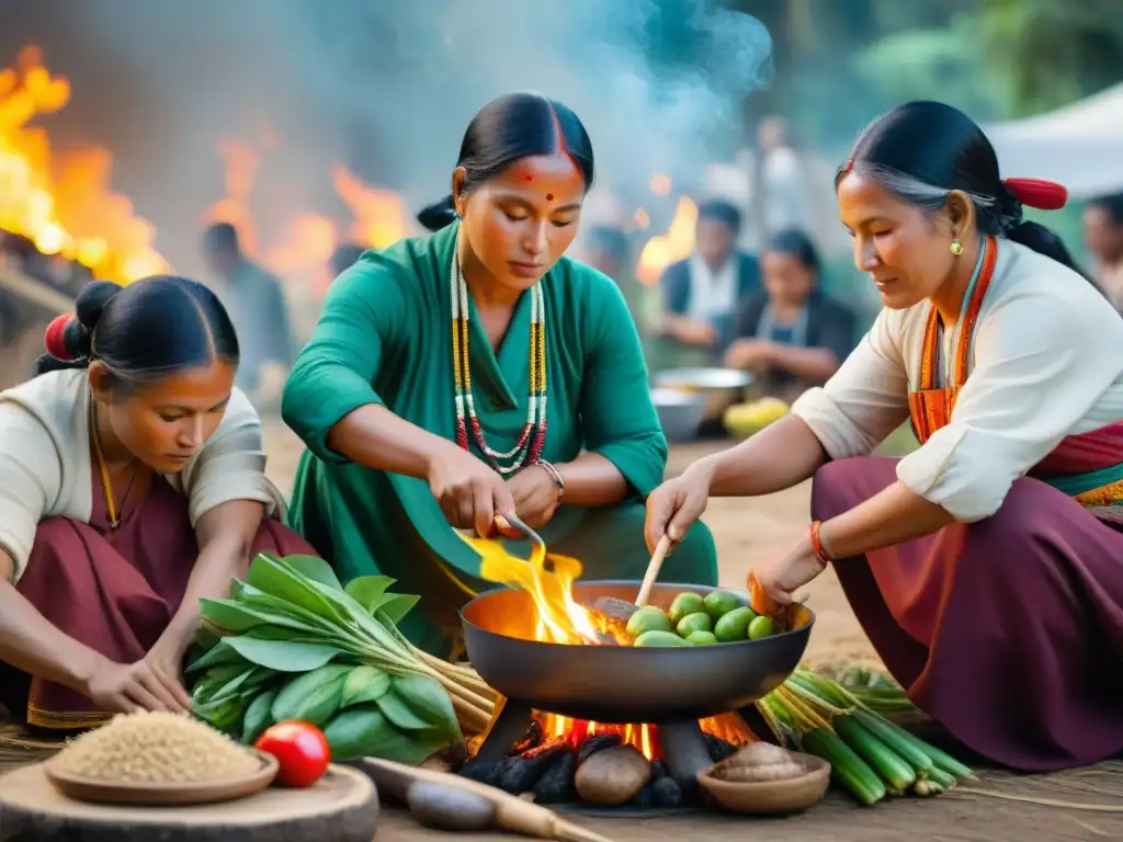 Una escena conmovedora de diversidad: indígenas preparan comidas saludables con ingredientes frescos y coloridos alrededor de una fogata comunitaria