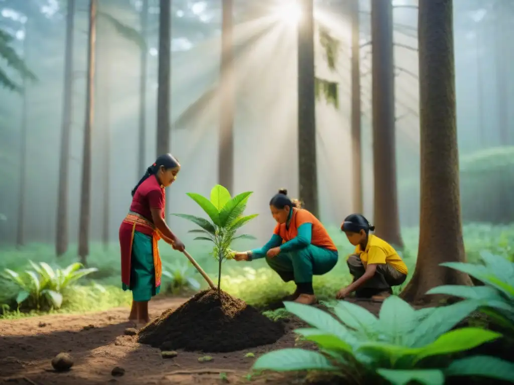 Una escena conmovedora de reforestación indígena: educación y empoderamiento en armonía generacional bajo el cálido sol del bosque