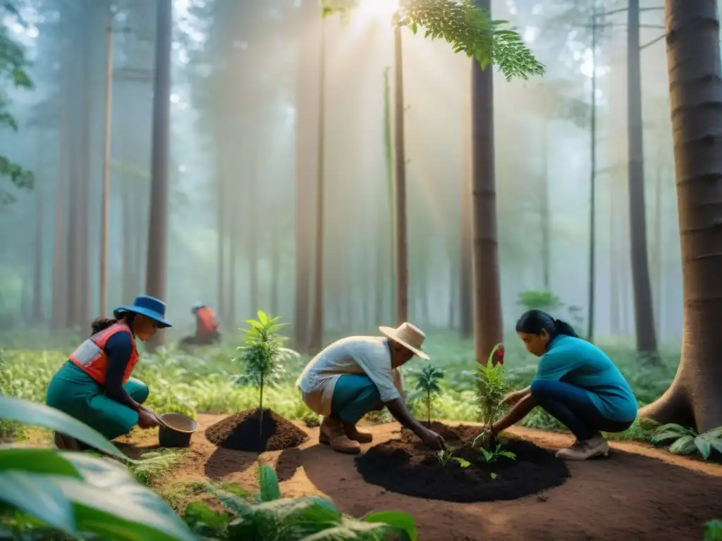 Una escena conmovedora de reforestación indígena: educación y empoderamiento en la selva, donde niños y ancianos plantan árboles juntos