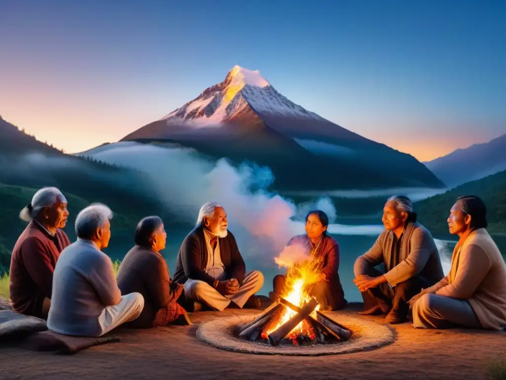 Una escena conmovedora de literatura oral indígena Américas: ancianos y niños compartiendo sabiduría alrededor del fuego sagrado