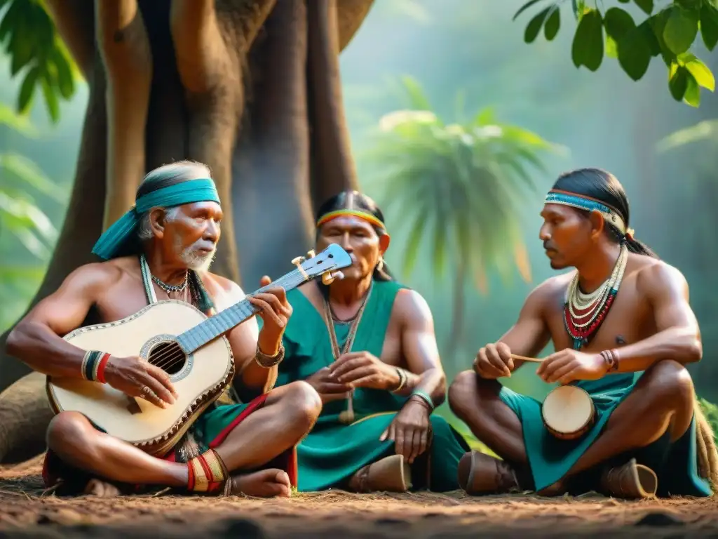 Una escena conmovedora de músicos indígenas tocando instrumentos tradicionales bajo un árbol en un bosque verde