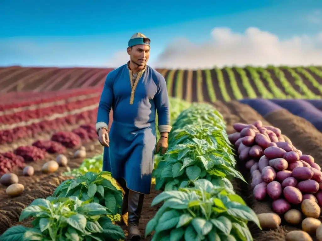 Escena de cosecha de variedades de papa nativa en campo colorido con agricultores locales y cielo azul