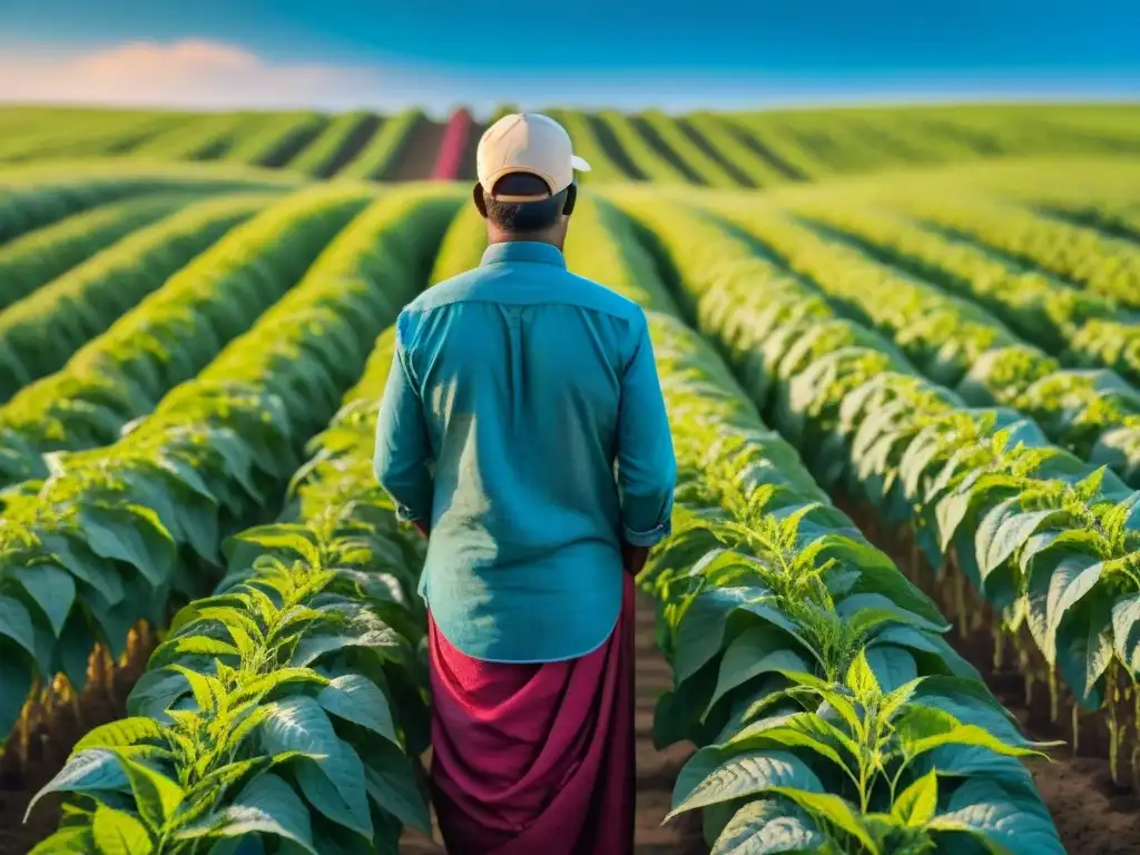 Escena de cultivo de amaranto: campos vastos, cielo azul, agricultores en acción