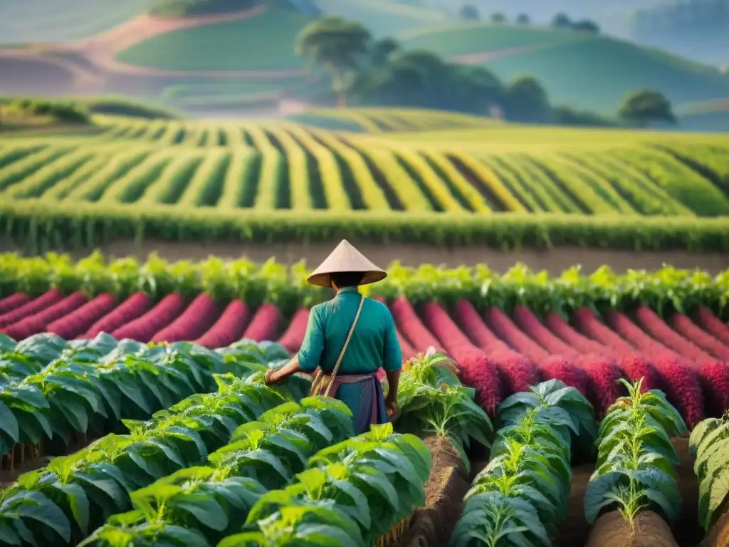 Una escena detallada de agricultores locales cultivando amaranto bajo el sol dorado, simbolizando la revitalización del cultivo de amaranto