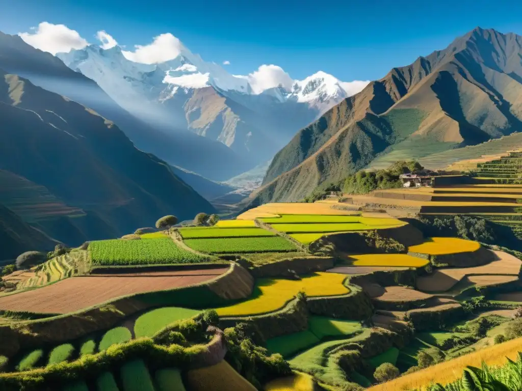 Una escena detallada de agricultores que cultivan maca andina en terrazas de los Andes