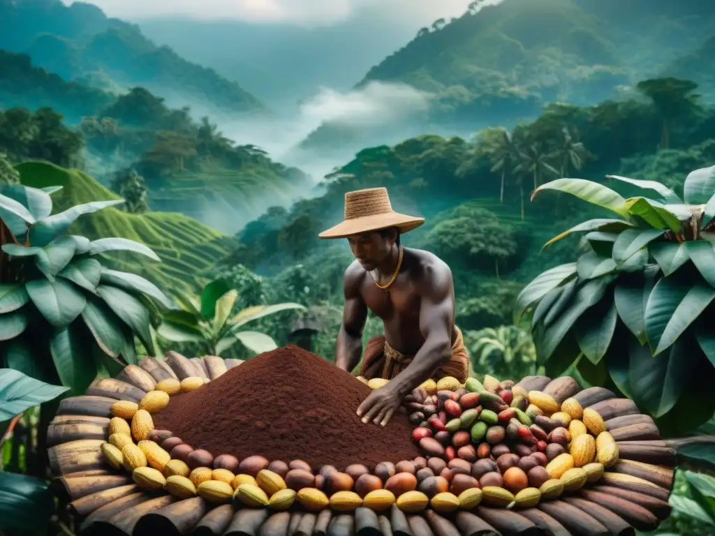 Escena detallada de la producción de cacao por indígenas en la antigua Mesoamérica en la Ruta del cacao en América