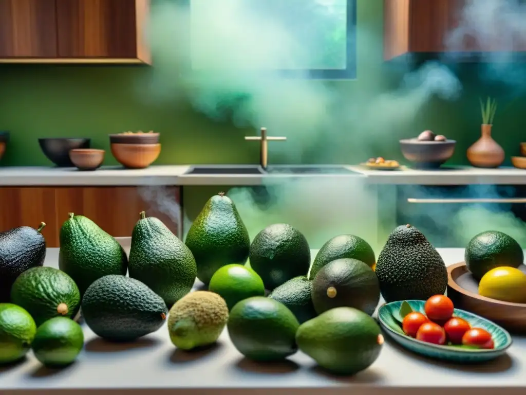 Una escena detallada de una cocina azteca tradicional resaltando el uso de aguacates en diversas preparaciones culinarias