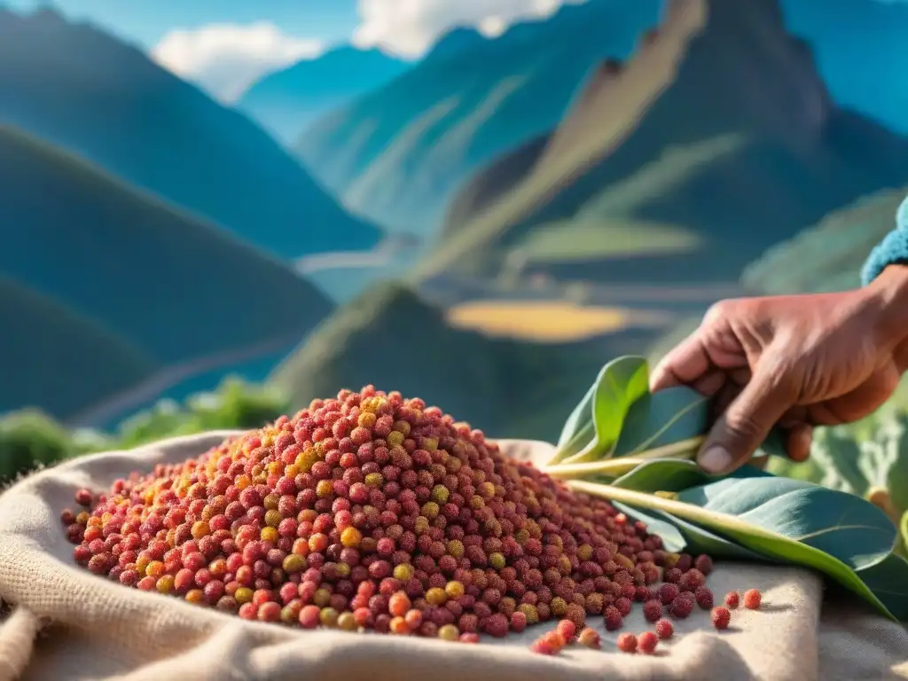 Una escena detallada de la cosecha de quinua andina por agricultores, con beneficios salud quinua andina