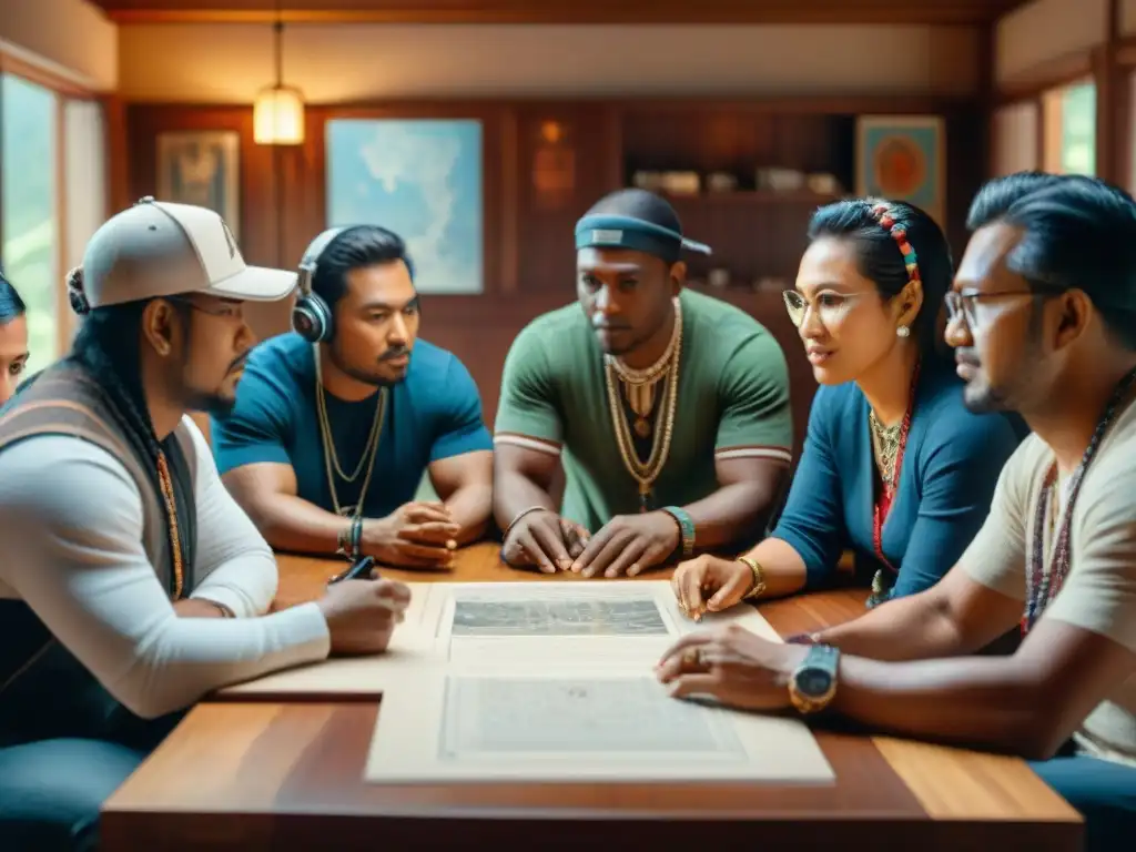 Desarrolladores indígenas crean videojuego auténtico Una escena detallada de desarrolladores de videojuegos indígenas colaborando en un juego que representa sus culturas