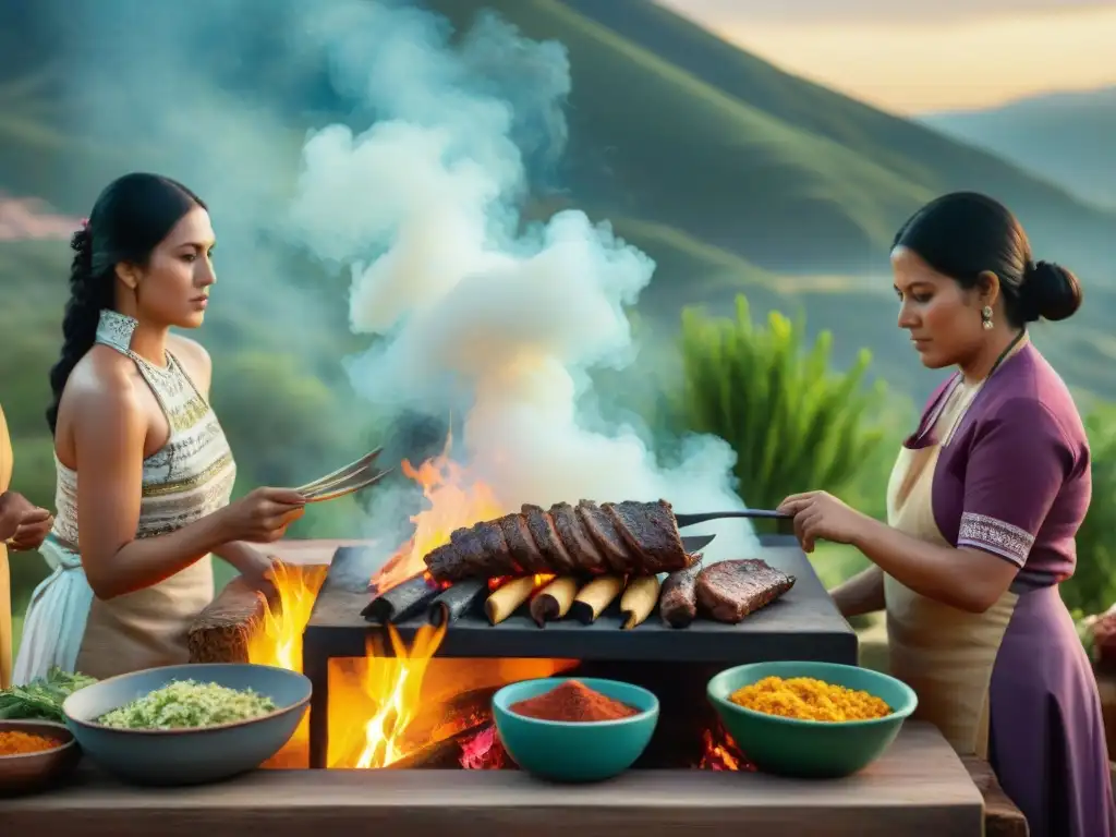 Escena detallada de familia indígena mexicana preparando barbacoa al aire libre, destacando técnicas ancestrales cocina al aire