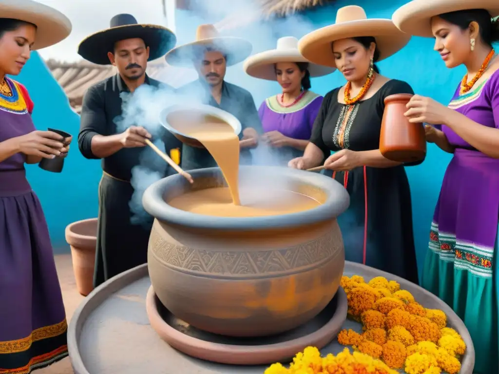 Una escena detallada de la historia del atole mexicano durante una celebración tradicional