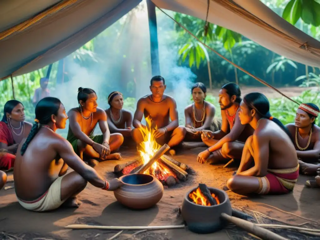 Una escena detallada de indígenas en comunidad, mostrando sus habilidades y riqueza cultural en el bosque