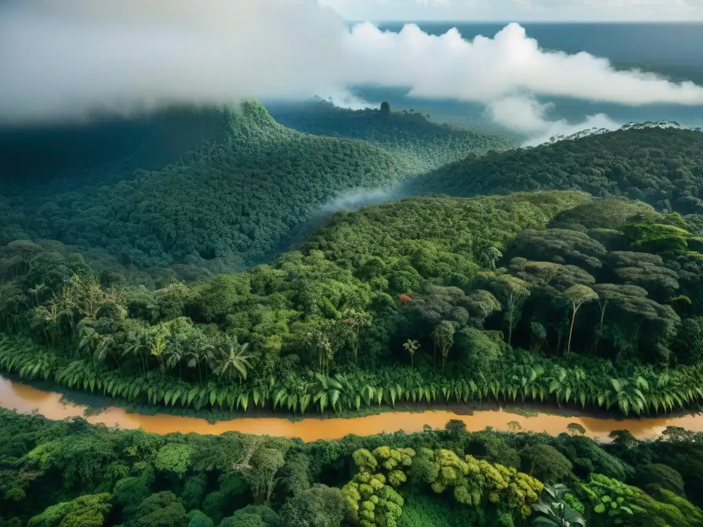 Escena detallada de la selva amazónica con árboles altos, diversa vegetación y un río