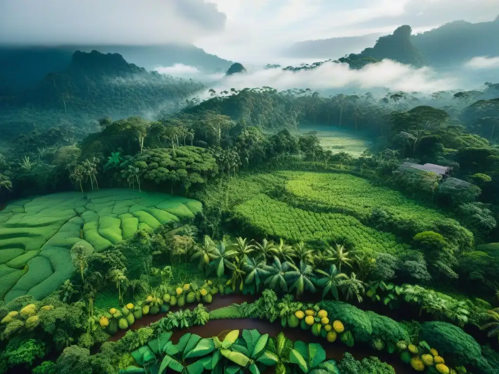 Escena detallada de agricultura sostenible indígena en la exuberante selva amazónica