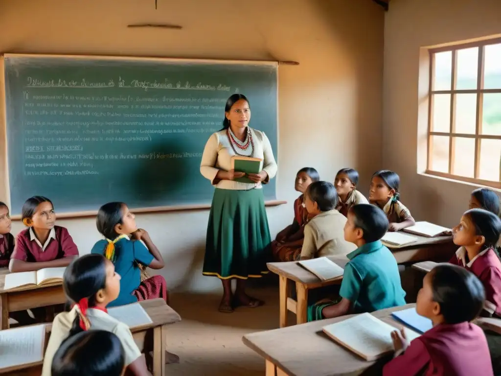 Escena educativa en aldea indígena: niños aprendiendo con maestra local