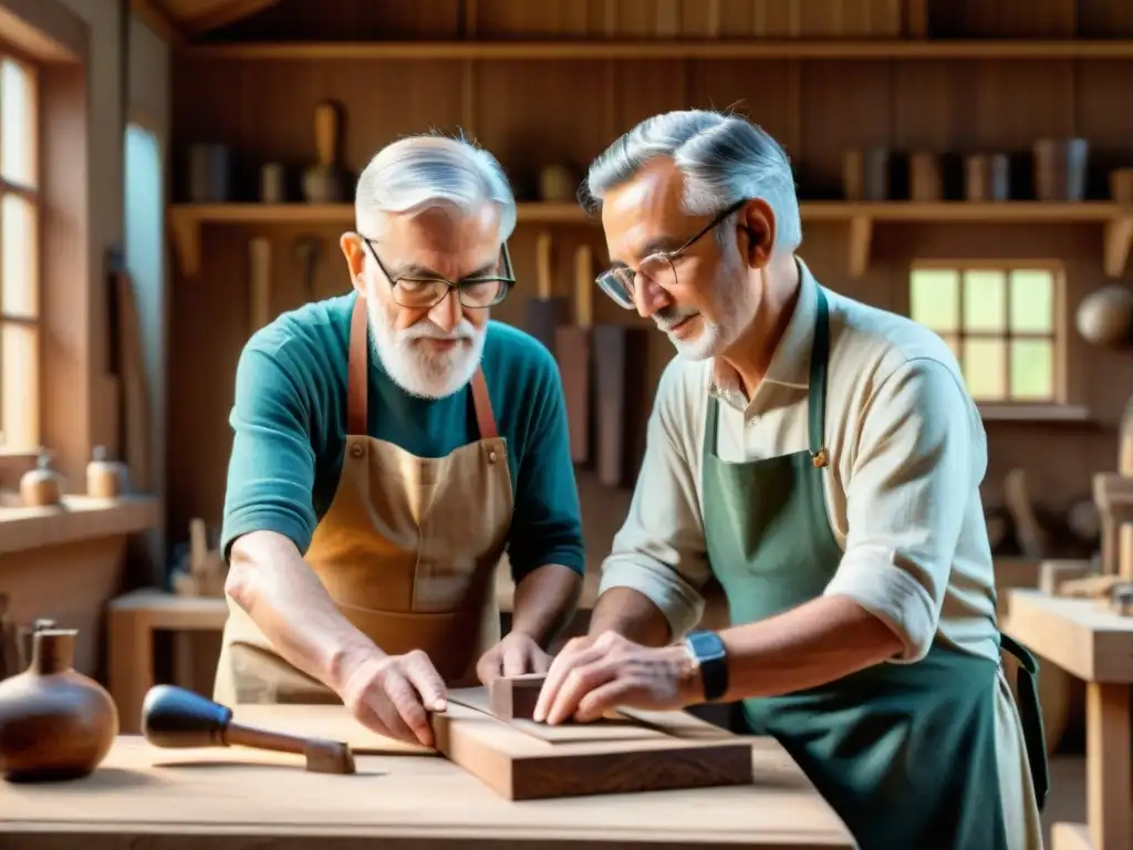 Una escena entrañable de mentoría en habilidades artesanales entre un maestro y su aprendiz en un taller tradicional de carpintería