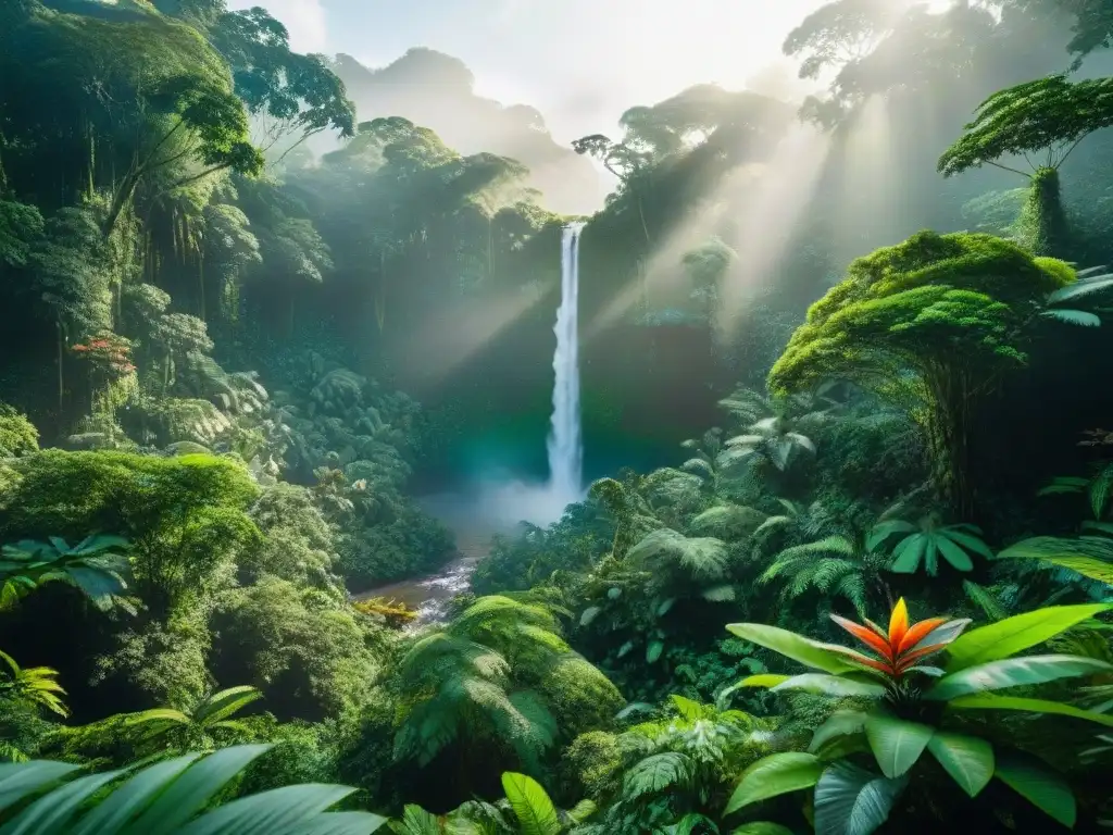 Escena exuberante de la selva amazónica con diversidad de flora y fauna, reflejando la interconectividad del ecosistema